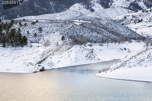 Image of mountain lake at winter dusk