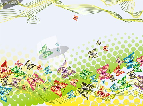 Image of Colorful background with butterfly, crossed lines and halftone