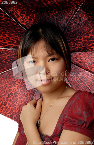 Image of Young model with red spotty umbrella 