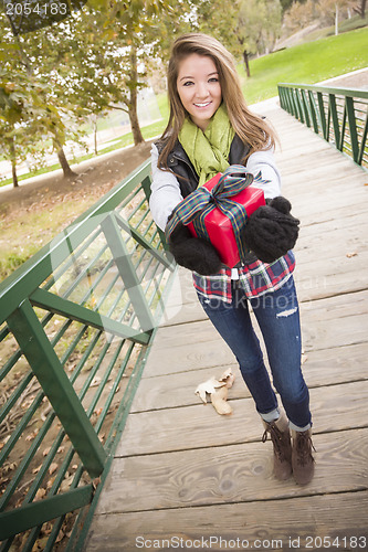 Image of Pretty Woman with Wrapped Gift with Bow Outside