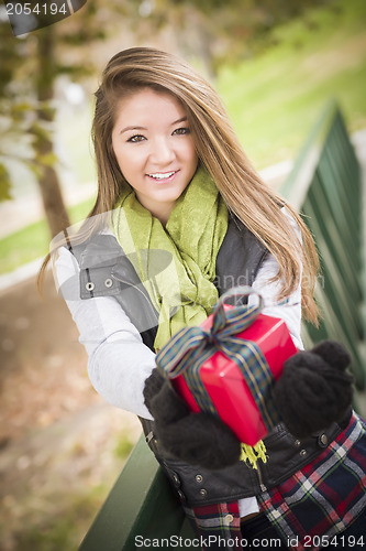 Image of Pretty Woman with Wrapped Gift with Bow Outside