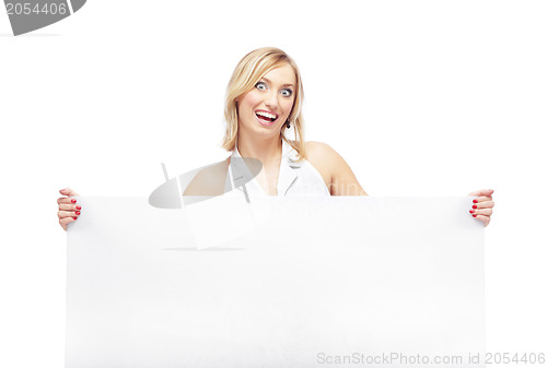 Image of Laughing lady with blank board