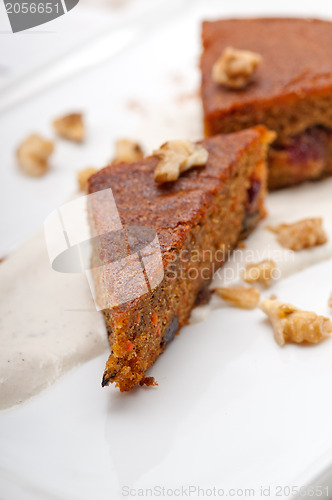 Image of fresh healthy carrots and walnuts cake dessert