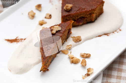 Image of fresh healthy carrots and walnuts cake dessert