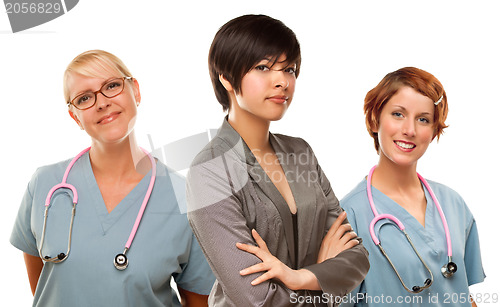 Image of Young Mixed Race Woman with Doctors and Nurses Behind
