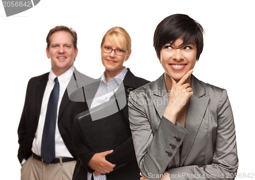 Image of Businesswoman with Team Portrait on White