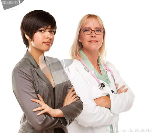 Image of Young Mixed Race Woman with Female Doctor or Nurse on White
