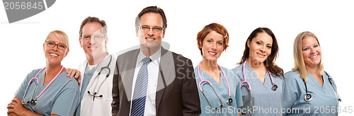 Image of Friendly Male and Female Doctors with Businessman on White 