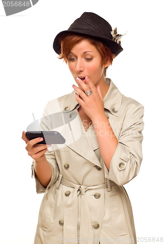 Image of Smiling Young Woman Holding Smart Cell Phone on White