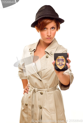 Image of Female Detective With Official Badge In Trench Coat on White