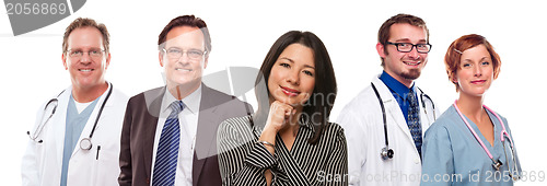 Image of Hispanic Woman with Businessman and Male Doctors or Nurses