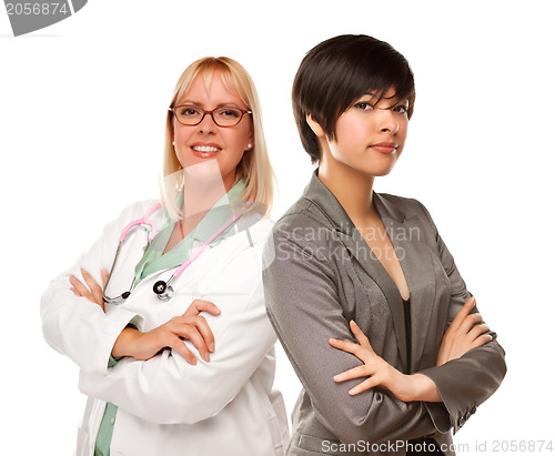 Image of Young Mixed Race Woman with Female Doctor or Nurse on White