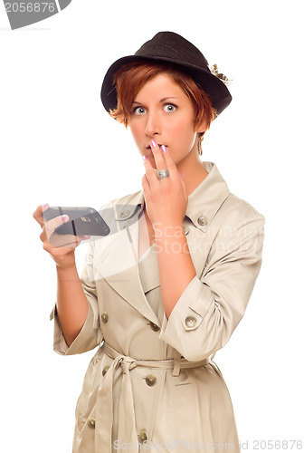 Image of Shocked Young Woman Holding Smart Cell Phone on White