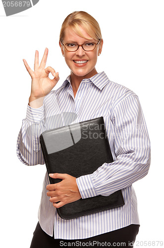 Image of Attractive Blond Businesswoman with Okay Hand Sign on White