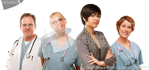 Image of Young Mixed Race Woman with Doctors and Nurses Behind