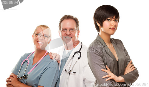 Image of Young Mixed Race Woman with Doctors and Nurses Behind