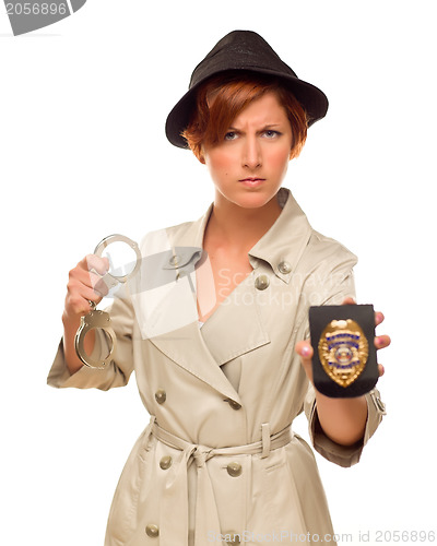 Image of Female Detective With Handcuffs and Badge In Trench Coat