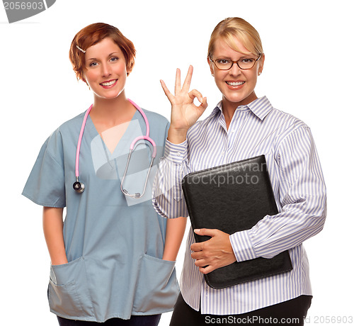 Image of Businesswoman Making Okay Hand Sign with Doctor or Nurse