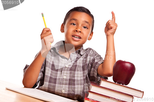 Image of Hispanic Boy Raising His Hand, Books, Apple, Pencil and Paper