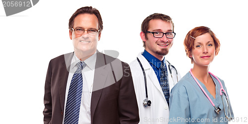 Image of Friendly Male and Female Doctors with Businessman on White 