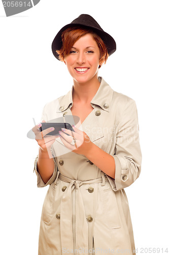 Image of Smiling Young Woman Holding Smart Cell Phone on White