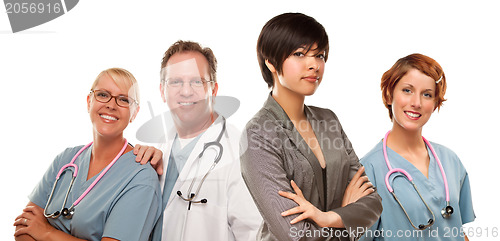 Image of Young Mixed Race Woman with Doctors and Nurses Behind