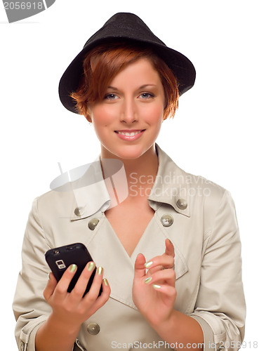 Image of Smiling Young Woman Holding Smart Cell Phone on White