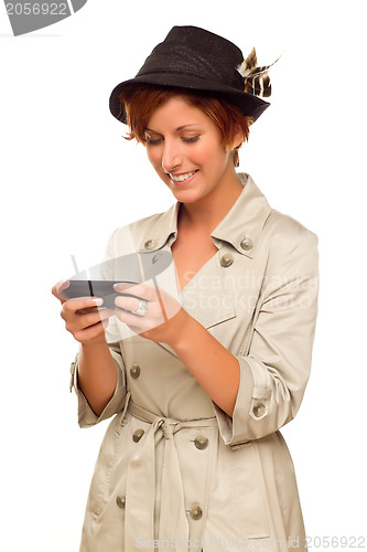 Image of Smiling Young Woman Holding Smart Cell Phone on White