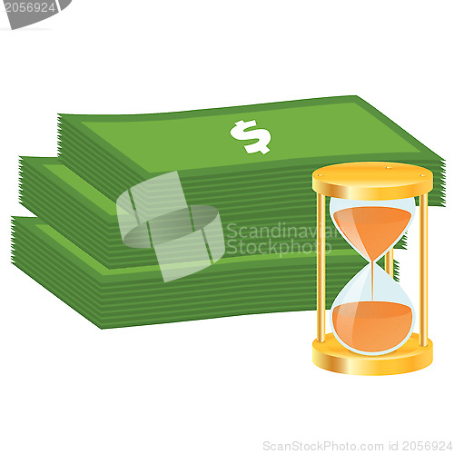 Image of Time is money concept. Money icon. Money stack and golden hourglass.