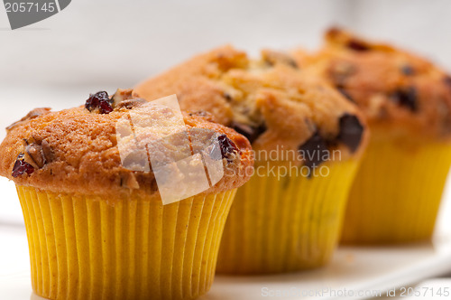 Image of fresh chocolate and raisins muffins