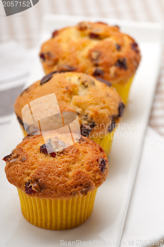 Image of fresh chocolate and raisins muffins