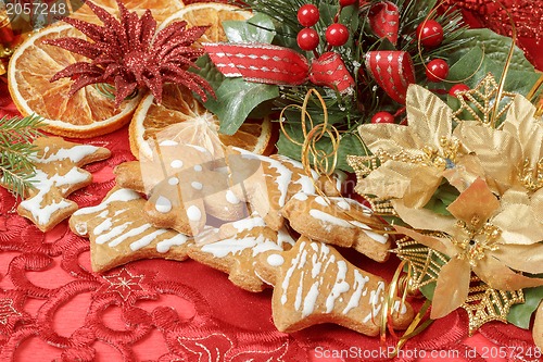 Image of christmas background with needles. orange slices and gingerbreads