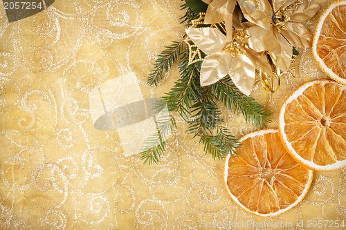 Image of christmas background with needles and orange slices