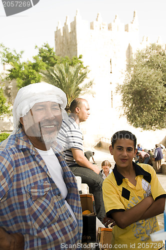 Image of editorial juice vendor with son Damascus Gate Jerusalem