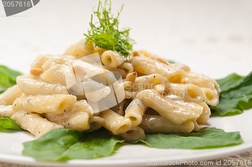 Image of Italian pasta penne gorgonzola and pine nuts