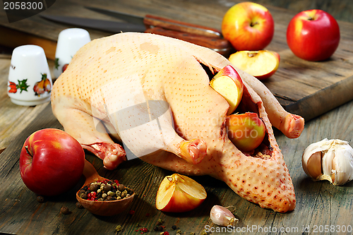 Image of Eviscerated duck, apples and spices.   