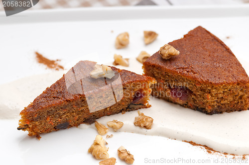 Image of fresh healthy carrots and walnuts cake dessert