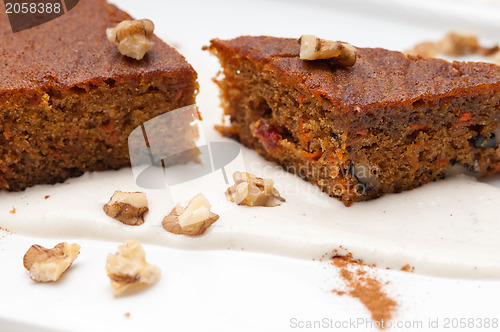 Image of fresh healthy carrots and walnuts cake dessert