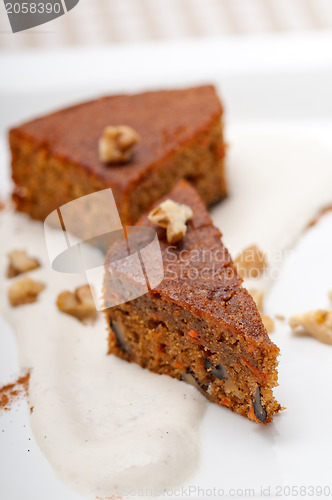 Image of fresh healthy carrots and walnuts cake dessert