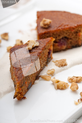 Image of fresh healthy carrots and walnuts cake dessert