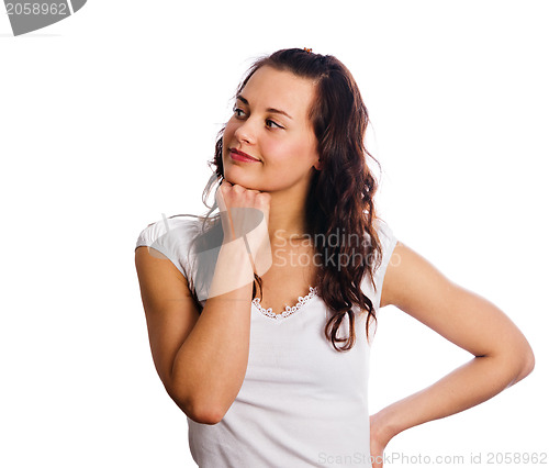 Image of Portrait dreaming the young beautiful woman it is isolated on wh