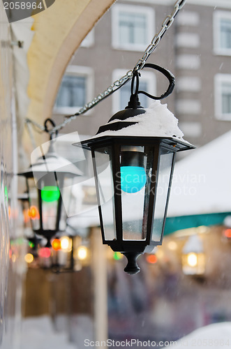 Image of Multicolored lights decorating the Christmas market