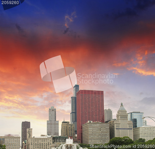 Image of Chicago, Illinois. Wonderful sky colors over city skyscrapers