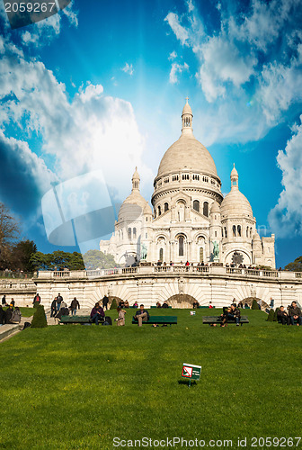 Image of Paris. Sacred Heart Cathedral with beautiful sky colors