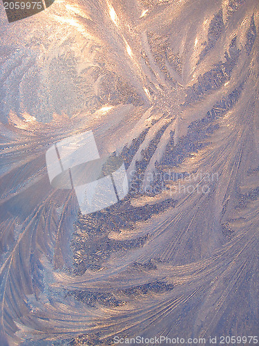 Image of Ice pattern and sunlight on winter glass