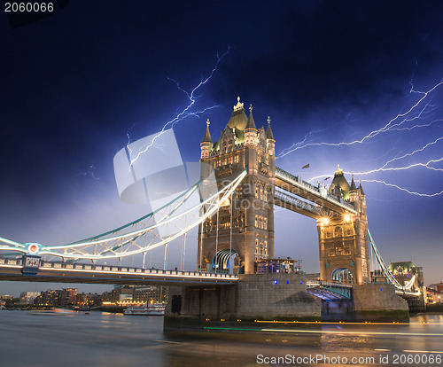 Image of Beautiful night lights and colors over Tower Bridge in London