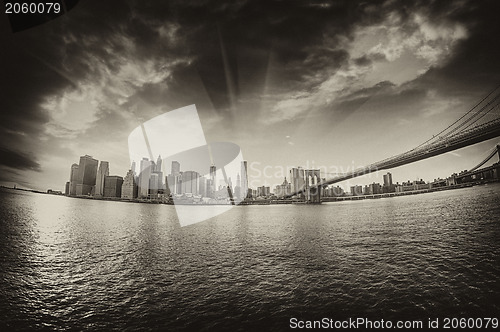 Image of Spectacular view of Brooklyn Bridge from Brooklyn shore at winte