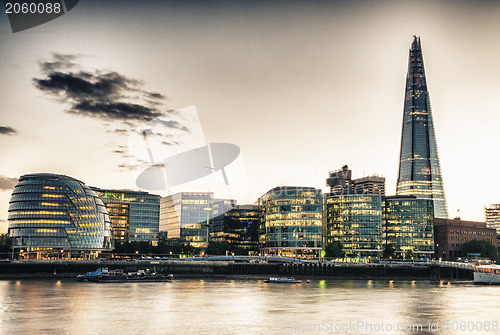 Image of London Skyline at Dusk with City Hall and Modern Buildings, Rive