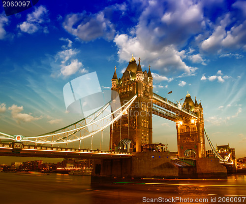 Image of Beautiful sunset colors over famous Tower Bridge in London