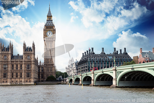 Image of The Big Ben, the Houses of Parliament and Westminster Bridge in 